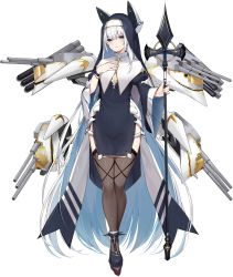 Rule 34 | 1girl, artist request, belfast (blue oath), black dress, black thighhighs, blue eyes, blue oath, blush, breasts, cross, dress, habit, hand on own chest, headgear, highres, holding, holding polearm, holding spear, holding weapon, long hair, medium breasts, nun, official art, pelvic curtain, polearm, rigging, smile, solo, spear, thighhighs, transparent background, very long hair, weapon, white hair, wide sleeves
