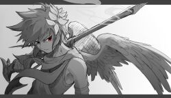 Rule 34 | 1boy, absurdres, angel, angel wings, armlet, commentary, dark pit, feathered wings, greyscale, highres, holding, kid icarus, kid icarus uprising, laurel crown, looking at viewer, male focus, monochrome, nintendo, red eyes, scarvii, smoke, solo, spot color, symbol-only commentary, upper body, wings