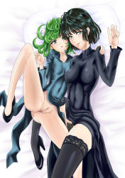 Rule 34 | 2girls, absurdres, bare legs, bed sheet, black footwear, blush, breasts, censored, closed mouth, collarbone, curly hair, dress, excessive pubic hair, female focus, female pubic hair, from above, fubuki (one-punch man), full body, green dress, green eyes, green hair, hair between eyes, high heels, highres, legs, lips, looking at viewer, lying, medium breasts, multiple girls, navel, nipples, on side, one-punch man, presenting, pubic hair, pussy, senga81, short hair, siblings, sisters, skindentation, small breasts, spread legs, stomach, tatsumaki, underboob