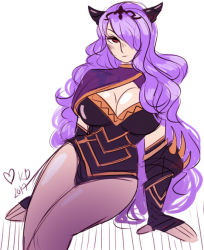 Rule 34 | 1girl, armor, breasts, camilla (fire emblem), cleavage, elbow gloves, expressionless, fingerless gloves, fire emblem, gloves, hair over one eye, heart, horns, large breasts, leotard, long hair, nintendo, purple hair, red eyes, shiny skin, shiny thighs, signature, simple background, sitting, solo, tiara, very long hair, wavy hair, white background