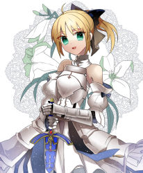Rule 34 | 1girl, ahoge, armor, armored dress, artoria pendragon (fate), bare shoulders, blonde hair, bow, caliburn (fate), detached sleeves, dress, fate/unlimited codes, fate (series), gauntlets, green eyes, hair bow, orbe, ponytail, saber (fate), saber lily, solo, sword, weapon