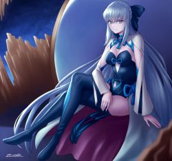 Rule 34 | 1girl, 2dswirl, black dress, blue eyes, bow, breasts, cleavage, dress, fate/grand order, fate (series), highres, long hair, looking at viewer, medium breasts, morgan le fay (fate), ribbon, silver hair, sitting, solo, thighhighs, throne, two-tone dress, very long hair