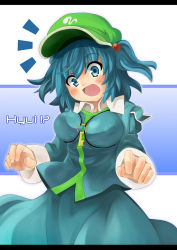 Rule 34 | 1girl, bad id, bad pixiv id, blue eyes, blue hair, blush, breasts, female focus, hair bobbles, hair ornament, hat, highres, kawashiro nitori, key, large breasts, letterboxed, matching hair/eyes, open mouth, ryo (multitask), ryuu (multitask), short hair, short twintails, solo, touhou, twintails, two side up, wardrobe malfunction