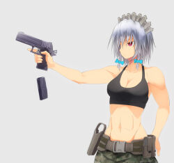 Rule 34 | 1girl, abs, alternate costume, belt, belt pouch, black sports bra, blue bow, bow, braid, breasts, cleavage, closed mouth, commentary request, grey hair, gun, hair bow, holding, holding gun, holding weapon, holster, izayoi sakuya, magazine (weapon), maid headdress, midriff, onibi (foxhound4185), pouch, short hair, solo, sports bra, touhou, twin braids, weapon