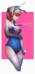 Rule 34 | 1girl, 2017, animal ears, arm garter, badge, bare shoulders, blonde hair, blue bow, blue eyes, blue leotard, blue necktie, blunt bangs, bow, breasts, brown hair, cleavage, closed mouth, collarbone, covered navel, cowboy shot, cropped legs, dated, detached collar, elbow gloves, fake animal ears, frilled thighhighs, frills, gloves, hair bow, highres, holding own arm, ibara dance, large breasts, legs together, leotard, long hair, looking away, mole, mole under eye, necktie, original, playboy bunny, ponytail, profile, rabbit ears, skin tight, smile, solo, strapless, strapless leotard, thighhighs, underboob, white gloves, white thighhighs, wrist cuffs