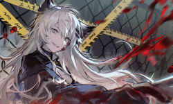 Rule 34 | 1girl, absurdres, animal ears, arknights, black coat, blood, blood on face, blurry, caution tape, chain-link fence, coat, evil grin, evil smile, fence, grey eyes, grin, hair between eyes, hair ornament, hairclip, highres, keep out, lappland (arknights), long hair, long sleeves, looking at viewer, motion blur, outstretched arm, scar, scar across eye, second (byou), smile, solo, upper body, white hair, wolf ears, wolf girl