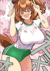Rule 34 | 1girl, animal ears, aston machan (umamusume), blush, breasts, brown hair, buruma, cherry blossoms, collarbone, commentary request, crown, double v, empty eyes, green eyes, hair ornament, highres, horse ears, horse tail, large breasts, looking at viewer, medium breasts, open mouth, petals, simple background, solo, tail, umamusume, v, wahiko (black bastard), white background