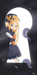 Rule 34 | 1girl, :&lt;, abigail williams (fate), black bow, black dress, black hat, blonde hair, bloomers, blue eyes, blush, bow, bug, butterfly, closed mouth, commentary request, dress, fate/grand order, fate (series), forehead, hair bow, hat, highres, hugging object, insect, keyhole, long hair, long sleeves, looking at viewer, neo libra, orange bow, parted bangs, polka dot, polka dot bow, signature, sleeves past fingers, sleeves past wrists, solo, stuffed animal, stuffed toy, suction cups, teddy bear, tentacles, underwear, very long hair, white bloomers