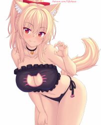 Rule 34 | 1girl, animal ears, black bra, black choker, black panties, blonde hair, blush, bra, breasts, cat ears, cat girl, cat lingerie, cat tail, choker, cleavage, cleavage cutout, closed mouth, clothing cutout, collarbone, commentary, cowboy shot, english commentary, hair ornament, hand up, highres, large breasts, long hair, looking at viewer, meme attire, nottytiffy, original, panties, patreon username, ponytail, red eyes, side-tie panties, simple background, smile, solo, tail, thighs, tiffy (nottytiffy), underwear, white background