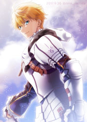 Rule 34 | 1boy, armor, arthur pendragon (fate), blonde hair, blue eyes, closed mouth, dated, fate/prototype, fate (series), faulds, from side, full armor, gauntlets, hair between eyes, light smile, male focus, nina (pastime), planted, planted sword, planted weapon, solo, sword, twitter username, weapon