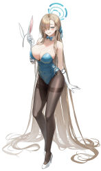 Rule 34 | 1girl, absurdly long hair, absurdres, animal ears, asuna (blue archive), asuna (bunny) (blue archive), asymmetrical bangs, bare shoulders, blonde hair, blue archive, blue eyes, blue leotard, bow, bowtie, breasts, brown pantyhose, cleavage, commentary, covered navel, detached collar, eyes visible through hair, fake animal ears, full body, gloves, grin, hair over one eye, hair ribbon, hair spread out, hairband, unworn hairband, halo, hand up, high heels, highleg, highleg leotard, highres, holding, large breasts, legs, leotard, long hair, looking at viewer, meoyo, mole, mole on breast, official alternate costume, pantyhose, playboy bunny, rabbit ears, ribbon, simple background, skindentation, smile, solo, standing, strapless, strapless leotard, thighband pantyhose, thighs, very long hair, white background, white footwear, white gloves, white hairband