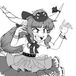 Rule 34 | 1girl, belt, bow, bowtie, buttons, claw pose, commentary, cowboy shot, cuffs, dated, english commentary, flat chest, giantcavemushroom, greyscale, hair bow, highres, horn bow, horn ornament, horns, ibuki suika, long hair, looking afar, low-tied long hair, mask, mask on head, monochrome, oni mask, open mouth, shirt, sidelocks, signature, simple background, skirt, sleeveless, sleeveless shirt, smile, solo, teeth, tongue, touhou, v-shaped eyebrows, very long hair