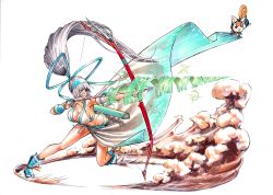Rule 34 | 1girl, absurdres, arrow (projectile), bare shoulders, bow, bow (weapon), bowtie, breasts, champuru, cleavage, closed mouth, commentary request, dust, dust cloud, eyepatch, full body, gloves, gradient background, hairband, highres, holding, holding bow (weapon), holding weapon, large breasts, long hair, looking away, majikina mina, midriff, ponytail, rodrigo yoshimiya, samurai spirits, sandals, silver hair, simple background, single glove, sleeveless, socks, sparkle, thighs, very long hair, weapon, white background, white legwear