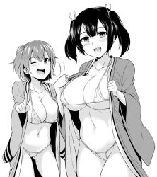 Rule 34 | 10s, 2girls, bikini, bikini top only, blush, breasts, greyscale, hair ribbon, hiryuu (kancolle), japanese clothes, kantai collection, large breasts, monochrome, monochrome, multiple girls, one eye closed, open mouth, pointing, pointing at viewer, ribbon, sama samasa, short hair, side ponytail, souryuu (kancolle), swimsuit, twintails, wink