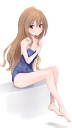 Rule 34 | 1girl, absurdres, aisaka taiga, arm support, blaze (blaze pso2), blue one-piece swimsuit, breasts, brown eyes, brown hair, commentary, dated commentary, full body, hair between eyes, hand on own chest, hand up, highres, light blush, long hair, looking at viewer, one-piece swimsuit, parted lips, simple background, sitting, small breasts, solo, swimsuit, toradora!, white background