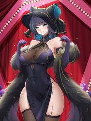 Rule 34 | 1girl, absurdres, animal ears, azur lane, bare shoulders, black headwear, black thighhighs, blue eyes, blue flower, blue hair, breasts, cheshire (azur lane), cheshire (cait sith crooner) (azur lane), china dress, chinese clothes, cleavage, covered navel, dress, elbow gloves, fake animal ears, fang, feather boa, flower, garter straps, gloves, highres, large breasts, medium hair, multicolored hair, official alternate costume, panties, purple dress, purple gloves, purple hair, see-through, see-through cleavage, side slit, skindentation, solo, streaked hair, string panties, thighhighs, two-tone hair, underwear, yuuri vv