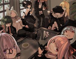 Rule 34 | 1boy, 6+girls, :3, ahoge, alternate costume, alternate hairstyle, animal ears, antenna hair, arm support, armchair, bare back, black dress, black jacket, blade, blazer, blonde hair, blue hair, blunt bangs, box, breasts, brown hair, chair, cleavage, closed eyes, collared shirt, commentary, couch, crossed legs, dress, dress shirt, elbow rest, expressionless, fedora, feet on table, food, fox ears, fox girl, fur collar, furrowed brow, gangster, glass table, green eyes, green hair, grin, gun, hair ribbon, hairband, hand on headwear, handgun, hat, headgear, headphones, headphones around neck, high heels, highres, holding, holding box, holding food, holding gun, holding pocky, holding weapon, indoors, jacket, jacket partially removed, kotonoha akane, kotonoha aoi, light purple hair, long hair, long sleeves, looking at viewer, looking back, loose socks, low twintails, mary janes, medium breasts, minase kou, monocle, mouth hold, multiple girls, off-shoulder dress, off shoulder, on chair, on couch, pea pod, pink hair, plant, pocky, popped collar, potted plant, purple eyes, raised eyebrows, reclining, red eyes, red ribbon, reloading, revolver, ribbon, sharp teeth, shirt, shoes, short hair, short ponytail, siblings, sidelocks, sisters, sitting, sitting on lap, sitting on person, siwasunohige, sleeveless, sleeveless dress, small breasts, smile, smirk, socks, spaghetti strap, standing, stole, strappy heels, sweatdrop, table, teeth, touhoku itako, touhoku kiritan, touhoku zunko, tsukuyomi ai, tsurumaki maki, twintails, uneven eyes, vocaloid, voiceroid, watch, weapon, white shirt, white socks, window, wristwatch, yuzuki yukari