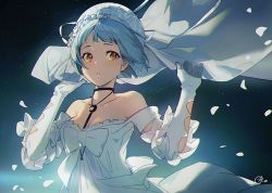 Rule 34 | 1girl, bare shoulders, blue hair, breasts, brown eyes, character request, choker, collarbone, copyright request, dress, elbow gloves, girls&#039; frontline, gloves, jewelry, looking at viewer, medium breasts, nagu, necklace, off-shoulder dress, off shoulder, official alternate costume, short hair, solo, wedding dress, white dress, white gloves, zas m21 (affections behind the bouquet) (girls&#039; frontline)