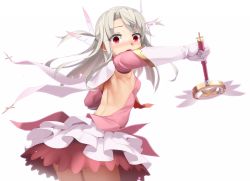 Rule 34 | 1girl, armpits, backless dress, backless outfit, bare back, blush, breasts, detached sleeves, dress, elbow gloves, eto, fate/kaleid liner prisma illya, fate (series), feather hair ornament, feathers, from side, gloves, hair ornament, highres, holding, illyasviel von einzbern, kaleidostick, long hair, looking to the side, magical girl, magical ruby, open mouth, pink dress, prisma illya, red eyes, revision, silver hair, simple background, small breasts, solo, standing, wand, white background, white gloves