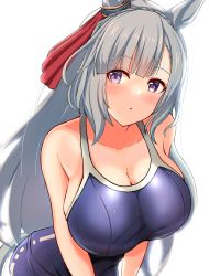 Rule 34 | 1girl, absurdres, animal ears, blue one-piece swimsuit, blush, bow, collarbone, ear ribbon, grey hair, highres, horse ears, long hair, looking at viewer, mejiro ardan (umamusume), one-piece swimsuit, parted lips, purple eyes, raindrop746079, red ribbon, ribbon, school swimsuit, simple background, solo, swimsuit, umamusume, wet, wet clothes, wet swimsuit, white background