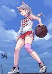 Rule 34 | 1girl, air jordan, air jordan 6, animal ears, artist name, ball, bare legs, basketball, basketball (object), breasts, cat ears, chain-link fence, chinese commentary, clothes writing, commentary request, day, detached sleeves, feiqizi (fkey), fence, fkey, from below, full body, highres, long hair, looking at viewer, nike (company), original, outdoors, pink socks, ponytail, red eyes, red shorts, shoes, shorts, signature, silver hair, sleeveless, small breasts, sneakers, socks, solo, standing, thighs, white footwear, wristband