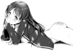 Rule 34 | 1girl, ass, bottomless, braid, breasts, dekochin hammer, french braid, greyscale, head rest, long hair, looking at viewer, lying, monochrome, nipples, on side, on stomach, open clothes, open shirt, original, shirt, small breasts, smile, solo, sweat