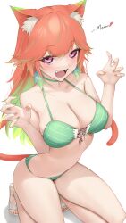 Rule 34 | 1girl, absurdres, animal ear fluff, animal ears, bare shoulders, bikini, blush, breasts, cat ears, cat tail, cleavage, collarbone, colored inner hair, earrings, feather earrings, feathers, green bikini, green hair, highres, hololive, hololive english, jewelry, kneeling, large breasts, long hair, looking at viewer, multicolored hair, navel, open mouth, orange hair, pink eyes, smile, solo, somebody (leiking00), swimsuit, tail, takanashi kiara, thighs, virtual youtuber
