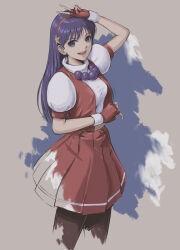 Rule 34 | 1girl, absurdres, arm up, asamiya athena, breasts, commentary request, earrings, fingerless gloves, gloves, hair ornament, hairband, hand up, highres, jewelry, looking at viewer, necklace, open mouth, pantyhose, pleated skirt, psycho soldier, puffy short sleeves, puffy sleeves, purple eyes, purple hair, short sleeves, simple background, skirt, small breasts, smile, solo, teeth, the king of fighters, the king of fighters &#039;97, turtleneck, tyanoki, upper teeth only, v