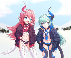 Rule 34 | 2girls, :d, absurdres, black jacket, black shorts, black thighhighs, blue eyes, blue hair, blue sky, breasts, brown jacket, closed mouth, cloud, commentary, commission, cowboy shot, day, dress, english commentary, fang, flat chest, garter straps, hair between eyes, hands in pockets, highres, honkai (series), honkai impact 3rd, horns, jacket, leaning forward, liliya olenyeva, long hair, long sleeves, looking at viewer, luizhtx, micro shorts, multiple girls, navel, open clothes, open dress, open jacket, open mouth, outdoors, pink hair, rozaliya olenyeva, shorts, siblings, sidelocks, single horn, sisters, skin fang, sky, small breasts, smile, snow, standing, stomach, tail, thick eyebrows, thighhighs, twins, underboob, white dress, white thighhighs