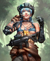 Rule 34 | 1girl, bikini, bikini top only, blue bikini, blue eyes, blue hair, box, breasts, brown gloves, clothes around waist, collar, darryl he, day, dog tags, facepaint, food, forest, gloves, gun, he ran, helmet, highres, holding, holding food, jacket, jacket around waist, looking at viewer, machine gun, mechanical arms, medium breasts, mouth hold, nature, original, outdoors, parted lips, pocky, realistic, single glove, soldier, solo, swimsuit, tattoo, tree, weapon