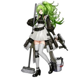 Rule 34 | 1girl, :d, apron, black footwear, blush, breasts, bucket, calico light weapons systems, calico m950, calico m950a, cheek pistol, clothes writing, clothing cutout, collarbone, detached sleeves, double-stack magazine, frills, full body, girls&#039; frontline, green hair, grey thighhighs, gun, hair between eyes, hand on own hip, handgun, head tilt, helical magazine, high-capacity magazine, high heels, holding, holding gun, holding weapon, infukun, knee pads, long hair, looking at viewer, m950a (girls&#039; frontline), m950a (home ec training) (girls&#039; frontline), machine pistol, maid, medium breasts, mop, official alternate costume, official art, open mouth, pistol, pouch, puffy sleeves, shoulder cutout, sidelocks, single knee pad, skirt, smile, solo, standing, standing on one leg, stubby grip, thighhighs, transparent background, trigger discipline, twintails, vertical forward grip, wavy hair, weapon, yellow eyes