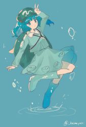 Rule 34 | 1girl, air bubble, aqua dress, arm up, backpack, bag, blue background, blue eyes, blue footwear, blue hair, blunt bangs, boots, bright pupils, bubble, closed mouth, dress, frilled shirt collar, frills, green bag, green hat, hair bobbles, hair ornament, hat, kalmeyaki, kawashiro nitori, light smile, long sleeves, looking at viewer, one-hour drawing challenge, pocket, puddle, rubber boots, short twintails, simple background, solo, splashing, standing, standing on one leg, touhou, twintails, twitter username, v, white pupils