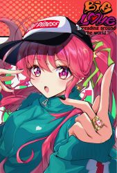 Rule 34 | 1girl, :o, aino megumi, alternate costume, bad id, bad pixiv id, black nails, commentary request, earrings, english text, gold earrings, green jacket, happinesscharge precure!, hat, highres, jacket, jewelry, long hair, long sleeves, looking at viewer, nail polish, orange background, pink eyes, pink hair, polka dot, polka dot background, ponytail, precure, ring, rudo (rudorudo0917), solo, star (symbol), star earrings, track jacket, white nails, zipper