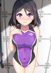 Rule 34 | 1girl, :&gt;, black hair, blush, breasts, commentary request, competition swimsuit, covered navel, highres, indoors, large breasts, locker, locker room, looking at viewer, one-piece swimsuit, original, perspective, purple eyes, purple one-piece swimsuit, raitho, short hair, solo, standing, swimsuit, thigh gap