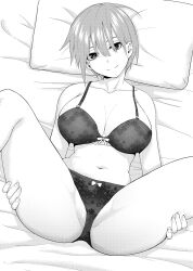 Rule 34 | 1girl, bed sheet, bow, bow bra, bow panties, bra, breasts, closed mouth, collarbone, from above, go-toubun no hanayome, greyscale, groin, hands on own thighs, highres, kosmos beta, lace, lace bra, lace panties, large breasts, looking at viewer, lying, monochrome, nakano ichika, navel, on back, panties, pillow, short hair, solo, spread legs, thighs, underwear, underwear only