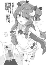 Rule 34 | 1boy, 1girl, aged down, bare arms, blunt bangs, blush, bow, breasts, double bun, dress, garter straps, greyscale, hair bow, hair bun, kedama milk, long hair, looking at viewer, monochrome, patchouli knowledge, short dress, sidelocks, slippers, small breasts, smile, standing, standing on one leg, thighhighs, touhou, v, very long hair