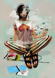Rule 34 | 1girl, bandaid, bird, bodypaint, cd, feet, headphones, highres, indian style, lips, mouth hold, original, panties, pantyhose, plant, rainbow, sandals, shirt, short sleeves, sitting, solo, striped clothes, striped legwear, striped pantyhose, surreal, t-shirt, taki (minorityblood), tattoo, underwear, vertical-striped clothes, vertical-striped legwear, vertical-striped pantyhose