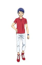 Rule 34 | 1boy, blue hair, full body, hand on own hip, highres, ichijou shin, king of prism, king of prism: shiny seven stars, looking at viewer, male focus, official art, open mouth, pants, pretty rhythm, pretty series, red eyes, red footwear, red shirt, second-party source, shirt, shoes, short hair, short sleeves, simple background, smile, sneakers, solo, standing, tachi-e, transparent background, watch, white pants, wristwatch