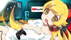 Rule 34 | 1girl, :d, blonde hair, blush stickers, brand name imitation, clenched hands, commentary request, controller, dualshock, fangs, game controller, gamepad, happy, headphones, headset, highres, indoors, long hair, looking at viewer, lying, mashimaro tabetai, monitor, monogatari (series), multiple monitors, on back, open mouth, oshino shinobu, playstation controller, reclining, shirt, short sleeves, single bare shoulder, smile, solo, speaker, white shirt, yellow eyes, youtube, youtube logo