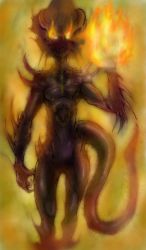 Rule 34 | arm at side, blurry, closed mouth, creature, fire, flaming eyes, highres, horns, inha, inha (inhabituels), inhabituels, inhabituels estudios, no humans, spikes, sych1590, yellow eyes