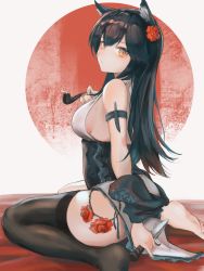 Rule 34 | 1girl, animal ear fluff, animal ears, arknights, arm strap, ass, bare shoulders, barefoot, black hair, black thighhighs, blush, breasts, closed mouth, corset, dagger, eyyy, flower, from side, hair flower, hair ornament, holding, holding smoking pipe, holding weapon, knife, long hair, looking at viewer, looking to the side, medium breasts, orange eyes, red flower, red rose, rising sun flag, rose, sideboob, single thighhigh, sleeveless, smoking pipe, solo, sunburst, texas (arknights), thighhighs, weapon