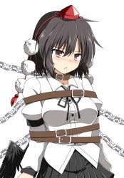 Rule 34 | 1girl, belt, belt collar, black hair, blush, bound, breasts, brown eyes, chain, collar, hat, highres, long sleeves, neck ribbon, pleated skirt, pom pom (clothes), red hat, ribbon, rise (rise19851203), shameimaru aya, simple background, skirt, solo, tokin hat, touhou, white background, wings