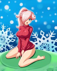 Rule 34 | 1girl, absurdres, blue eyes, blush, breasts, full body, highres, long hair, looking at viewer, mario (series), nintendo, open mouth, pink hair, ponytail, rosalina, sigurd hosenfeld, sitting, smile, solo, super mario bros. 1, sweater