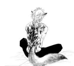 Rule 34 | 1boy, animal ears, back, blood, full body, injury, male focus, monochrome, naono bohra, scar, scratches, topless male, solo, tail, white background