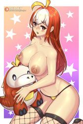 Rule 34 | 1girl, antenna hair, artist name, bikini, bikini bottom only, blush, breasts, brown eyes, creature and personification, creatures (company), fishnet thighhighs, fishnets, fuecoco, game freak, huge nipples, large breasts, long hair, looking at viewer, multicolored hair, nintendo, nipples, open mouth, patreon logo, personification, pokemon, pokemon (creature), red hair, redjet, sitting, solo, stuffed animal, stuffed toy, swimsuit, thighhighs, topless, two-tone hair, watermark, web address, white hair