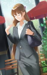 Rule 34 | 1girl, amino (tn7135), bag, belt, blouse, bow, brown hair, chair, collarbone, collared shirt, day, closed eyes, formal, hair bow, highres, long hair, office lady, original, outdoors, shirt, shoulder bag, skirt, skirt suit, solo, suit, very long hair, watch, white shirt, wristwatch