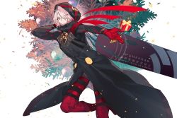 Rule 34 | 1boy, ahoge, holding behind back, bishounen, black coat, boots, coat, colored skin, expressionless, eyes visible through hair, eyeshadow, fate/grand order, fate (series), feet out of frame, gloves, green eyes, hair over one eye, holding, hood, hood up, karna (fate), karna (santa) (fate), krab (fumekrab), looking at viewer, makeup, male focus, open hand, pink hair, red footwear, red gloves, short hair, solo, thigh boots, thighhighs, tsurime, white skin