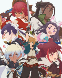 Rule 34 | 3boys, 4girls, :d, archer (frederica), arms up, belt, belt pouch, black gloves, black pants, blonde hair, blue flower, blue jacket, bow, bow (weapon), braid, braided bangs, brown belt, brown gloves, brown hair, caster (frederica), clenched hand, closed mouth, collar, commentary request, cropped jacket, dark-skinned female, dark-skinned male, dark skin, double bun, drawing bow, earrings, everyone, fang, farmer (frederica), fighter (frederica), flower, frederica (game), gloves, green eyes, grey eyes, grey hair, grey shirt, grin, group picture, hair between eyes, hair bow, hair bun, hair ornament, hairband, half updo, high collar, highres, holding, holding bow (weapon), holding sword, holding weapon, jacket, jewelry, long hair, looking at viewer, low ponytail, miyahara takuya, multicolored hair, multiple boys, multiple girls, open mouth, pants, pouch, profile, purple eyes, purple hair, red eyes, red hair, rogue (frederica), shirt, short hair, short sleeves, skin fang, smile, streaked hair, sword, teeth, upper body, upper teeth only, v-shaped eyebrows, wanderer (frederica), warrior (frederica), weapon, white bow, white collar, white hairband
