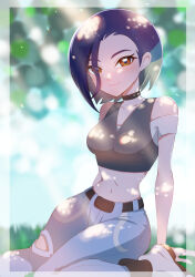 Rule 34 | 1girl, arm support, belt, black belt, black choker, black socks, blue hair, blue pants, blush, breasts, brown eyes, choker, closed mouth, commentary request, creatures (company), day, game freak, grass, grey vest, highres, looking at viewer, loose hair strand, navel, nintendo, off-shoulder shirt, off shoulder, outdoors, pants, perrin (pokemon), pokemon, pokemon sv, shirt, shoes, sitting, smile, socks, solo, vest, white footwear, white shirt, yngon (hwxf5232)