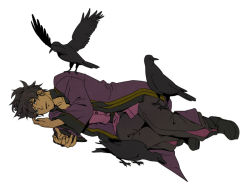 Rule 34 | 00s, 1boy, bird, black hair, crow, lying, male focus, name connection, object namesake, ponytail, raven (tales), solo, suguru (godai fifth), tales of (series), tales of vesperia, white background